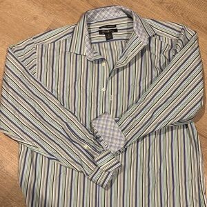 Pronto Uomo Blue and Green Striped Dress Shirt